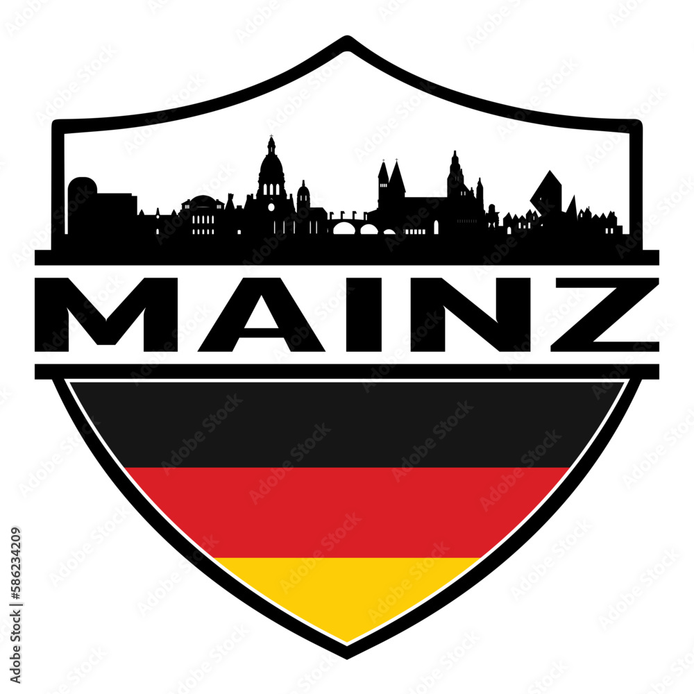 Mainz Germany Skyline Silhouette Sunset Travel Souvenir Sticker Logo Badge Stamp Emblem Coat of Arms Vector Illustration SVG