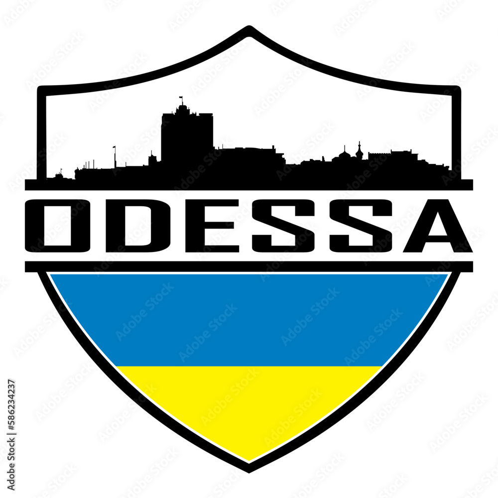 Odessa Ukraine Skyline Silhouette Sunset Travel Souvenir Sticker Logo Badge Stamp Emblem Coat of Arms Vector Illustration SVG