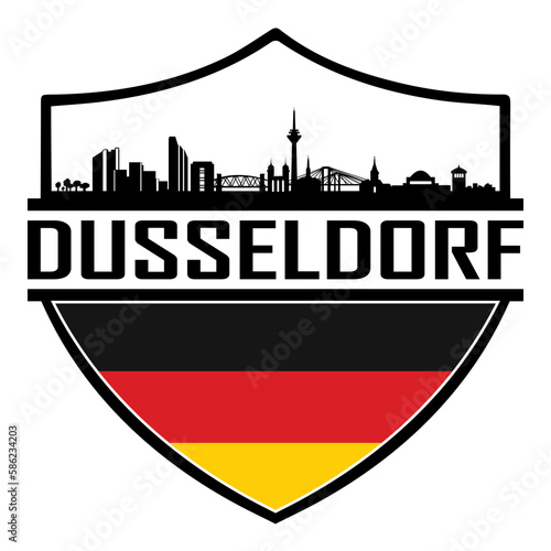 Dusseldorf Germany Skyline Silhouette Sunset Travel Souvenir Sticker Logo Badge Stamp Emblem Coat of Arms Vector Illustration SVG