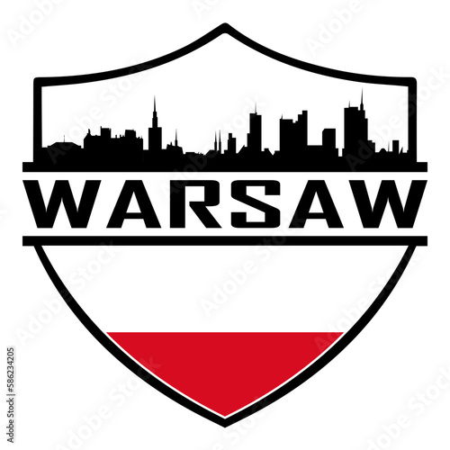 Warsaw Poland Skyline Silhouette Sunset Travel Souvenir Sticker Logo Badge Stamp Emblem Coat of Arms Vector Illustration SVG