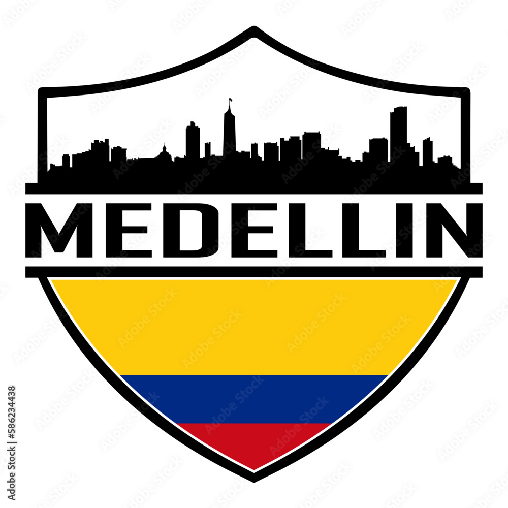 Medellin Colombia Skyline Silhouette Sunset Travel Souvenir Sticker Logo Badge Stamp Emblem Coat of Arms Vector Illustration SVG
