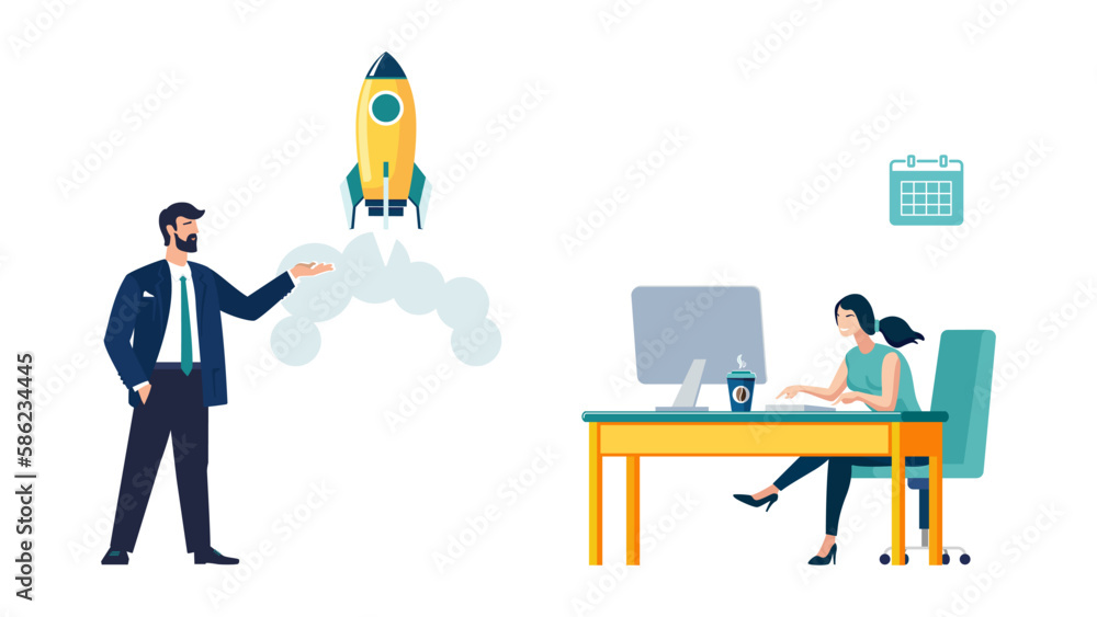A businessman starts a new business with a girl working at a computer monitor. Business work in the office. Infographic banner. Business presentation, business people. Flat style vector design, green A businessman starts a new business with a girl working at a computer monitor. Business work in the office. Infographic banner. Business presentation, business people. Flat style vector design, green