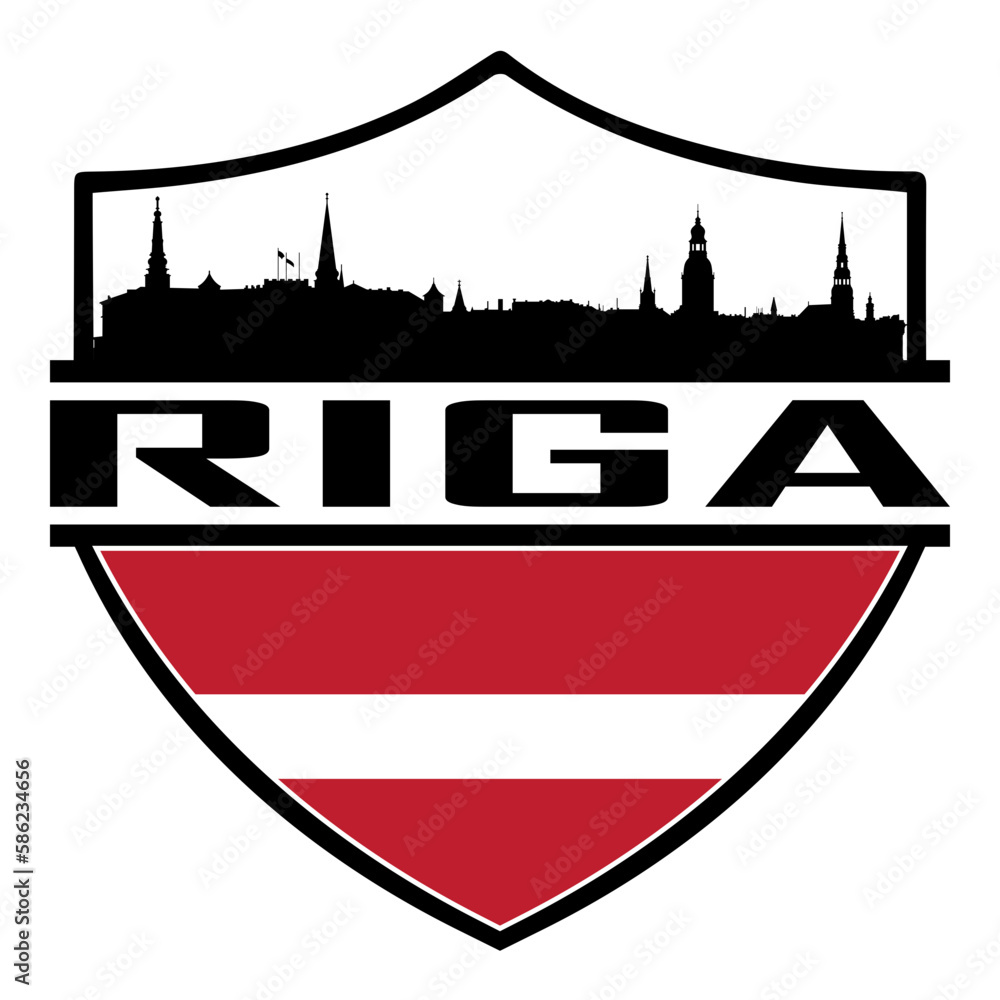 Riga Latvia Skyline Silhouette Sunset Travel Souvenir Sticker Logo Badge Stamp Emblem Coat of Arms Vector Illustration SVG