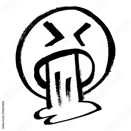 Vomit emoji vector, Face Vomiting. Hand drawn, marker pen, sketch, draft, scribble. Rustic brush drawing, irregular shapes black illustration isolated white background. Disgust, disgusting expression.