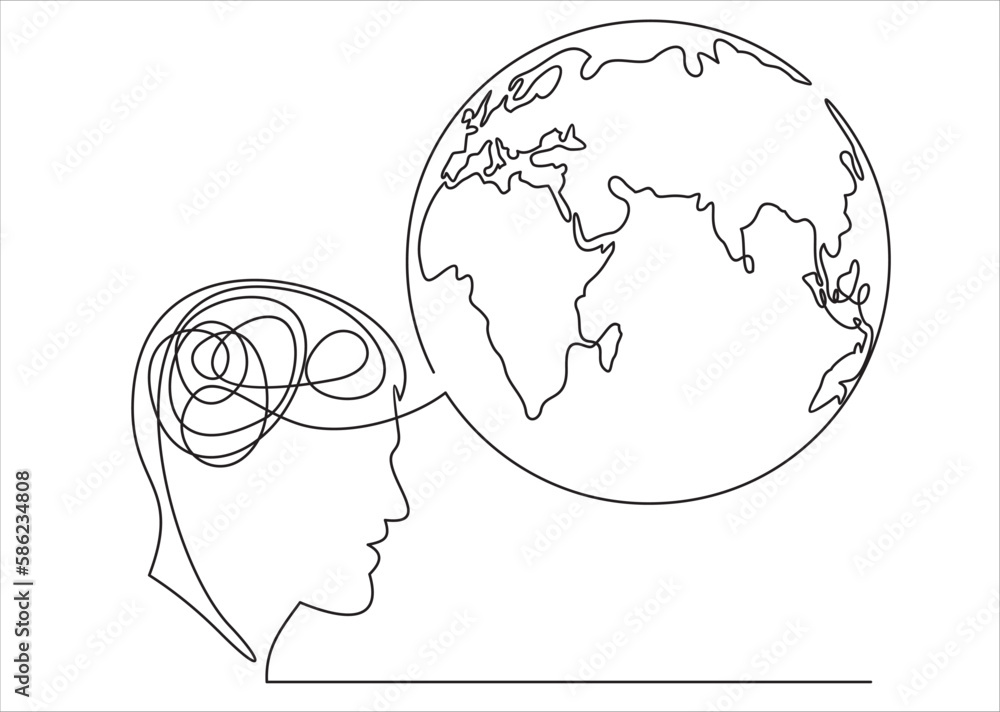 Peace brain concept. Continuous one line drawing of human head with globe inside. Think world.