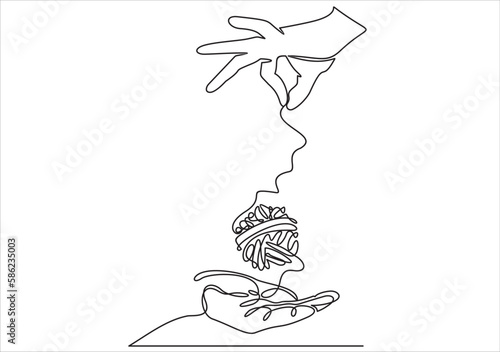 Hands holding thread ball isolated on white background.continuous stylized modern drawing