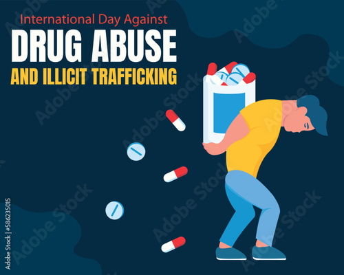 illustration vector graphic of a man holding a bottle filled with prohibited drugs, showing the drugs falling scattered, perfect for international day, drug abuse, illicit trafficking.
