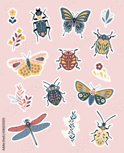 Set of stickers cute insects and flowers. Separated elements in vectoriel for pattern or decoration. Full of colors and ornaments.