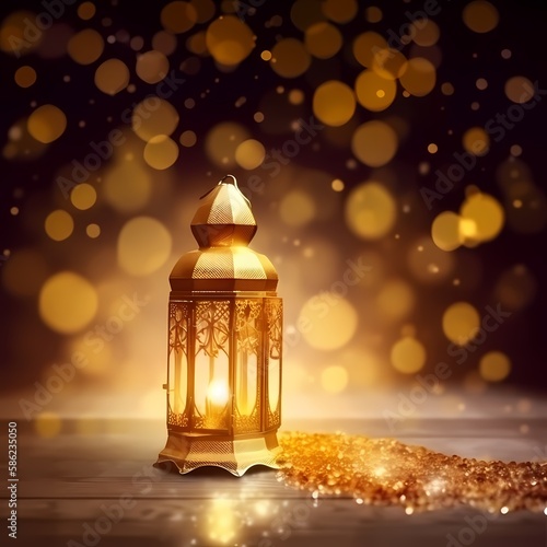 Ramadan kareem Lantern with Colorful Light Glowing at Night and Glittering with Bokeh Lights, Ornamental Arabic lantern with burning candle, generative ai