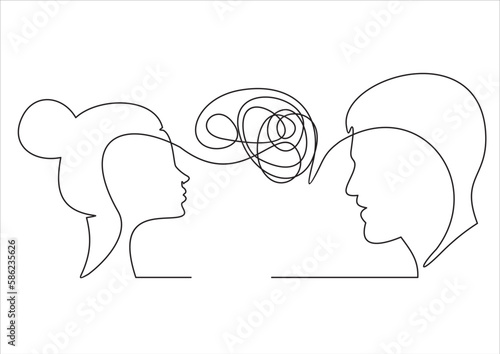 couple having problems and problems with each other.One continuous line drawing