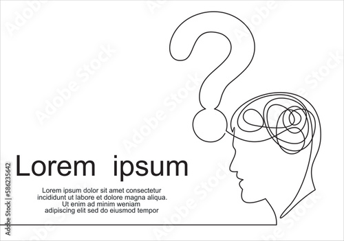 Concept of confused feelings in one continuous line drawing. Human head with question mark inside in simple linear style. Doodle Vector illustration for banner, brochure, poster, presentation