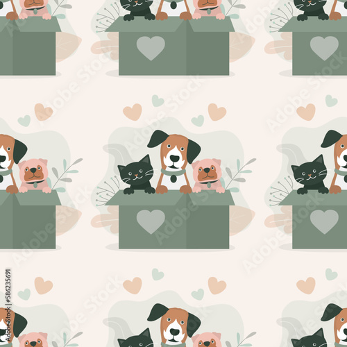 Adopt friend, don't shop - cute dogs and cat sitting in box, seamless pattern, template. Texture about pet adoptation. Animal care, adoption. Help homeless animals find home concept.