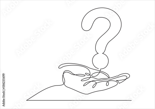 Hands holds question mark one line art, hand drawn asking sign, idea continuous contour. Query FAQ concept, finding answer. Editable stroke. Isolated. Vector illustration