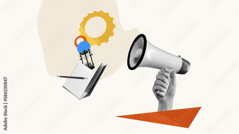 Female hand with megaphone. New information, making notes. Stop motion, animation. Conceptual design. Concept of business, success, growth, teamwork, career development. Copy space for ad Female hand with megaphone. New information, making notes. Stop motion, animation. Conceptual design. Concept of business, success, growth, teamwork, career development. Copy space for ad