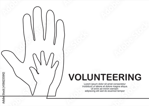 Fototapeta Naklejka Na Ścianę i Meble -  Continuous one line drawing of volunteering hands. Illustration with quote template. Can used for logo, emblem, slide show and banner.
