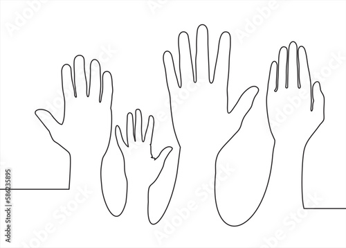 Continuous one line drawing of volunteering hands. Illustration with quote template. Can used for logo, emblem, slide show and banner.