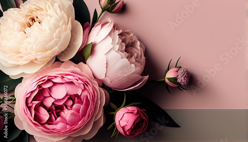 Fototapeta Naklejka Na Ścianę i Meble -  Fresh bunch of pink peonies and roses with copy space