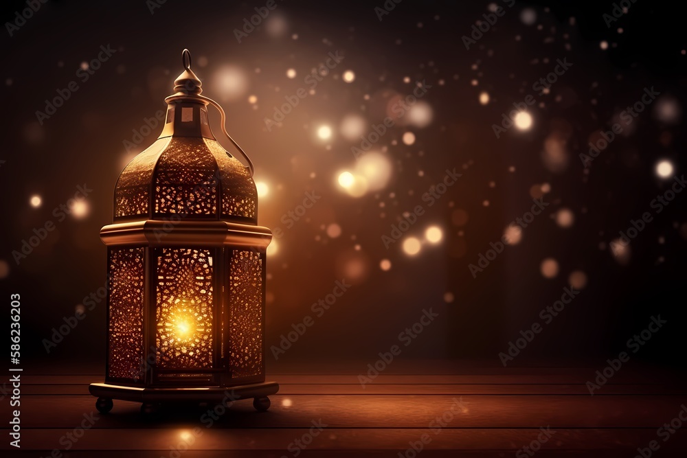 Ramadan kareem Lantern with Colorful Light Glowing at Night and Glittering with Bokeh Lights, Ornamental Arabic lantern with burning candle, generative ai Ramadan kareem Lantern with Colorful Light Glowing at Night and Glittering with Bokeh Lights, Ornamental Arabic lantern with burning candle, generative ai