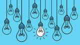 Hanging light bulbs with one glowing on blue background. Concept of idea