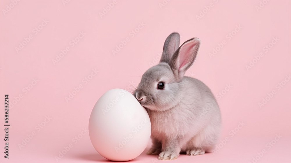 Cute bunny and single easter egg. Concept of happy easter day. Cute bunny and single easter egg. Concept of happy easter day.