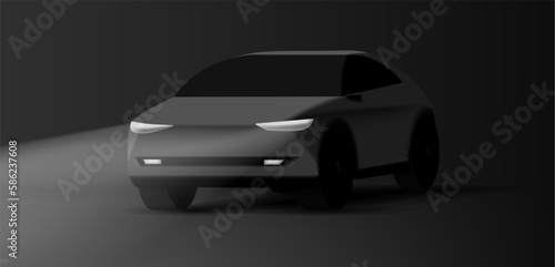 Realistic Black Vector 3D Car illustration, dark night with headlights on