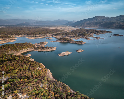 Aerial view of a picturesque Salt Lake of Slano with islands near Niksic, Montenegro.