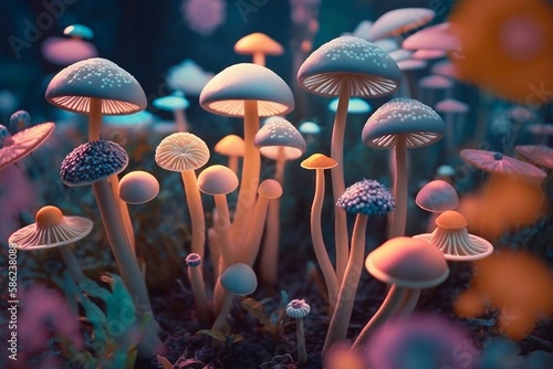 Illustration of low-angle view of colorful mushrooms. Generative AI