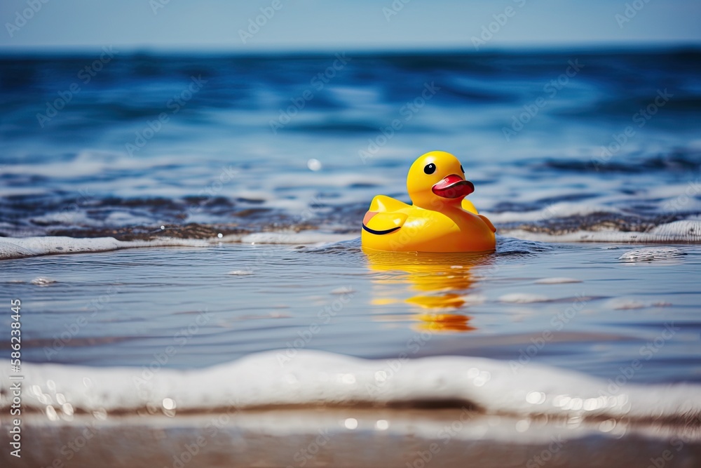 Rubber duck on the beach in summer. Generative AI Rubber duck on the beach in summer. Generative AI