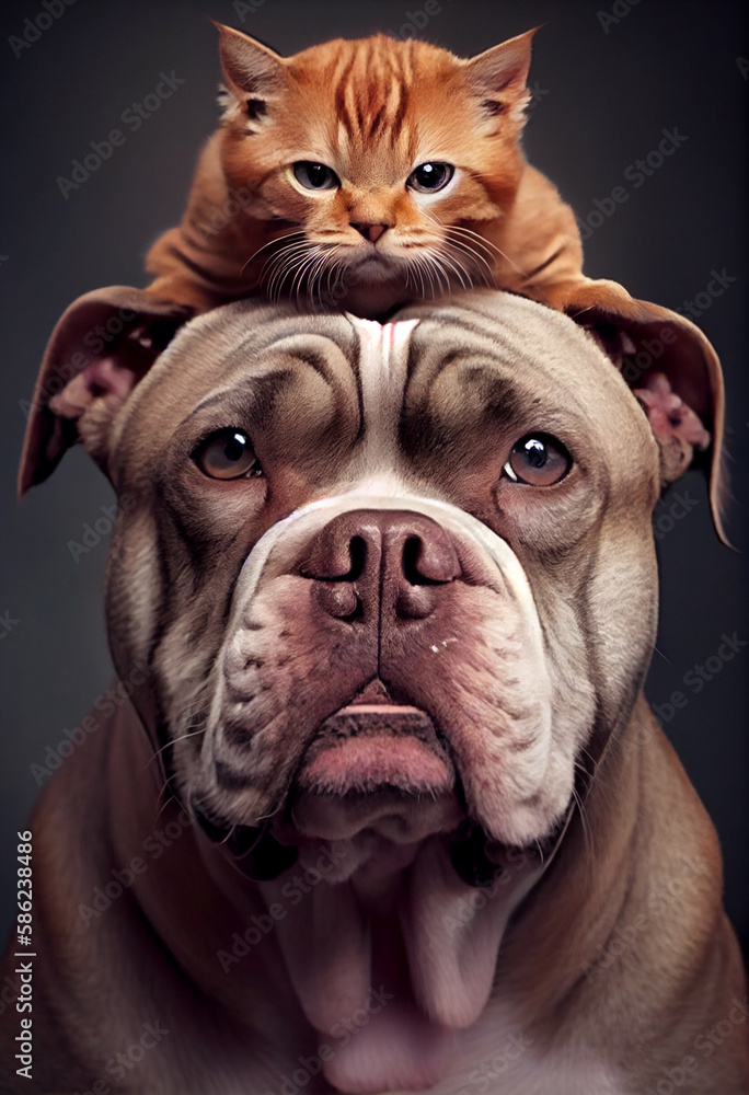 Happe purebreed dog portrait with a kitten on his head