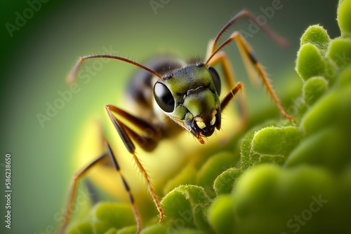 Macro photography ant on green background. Generative AI © Andrii 
