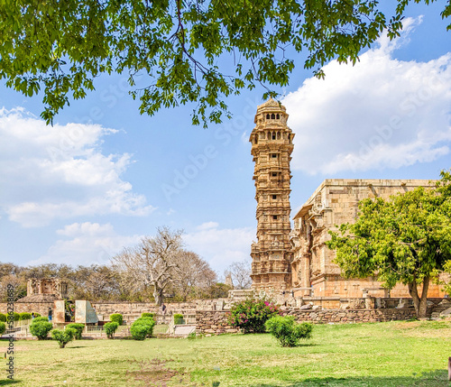 Chittorgarh Fort Tower of Victory ( Vijay Stambha ) View With Garden, Beautiful Sky in Chittor fort,  Landscape  Photo Rajasthan Diwas, Rajasthan Day, India photo