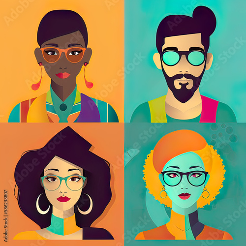 Stylish people in deversity. colorful cartoon avatar. Generative ai photo