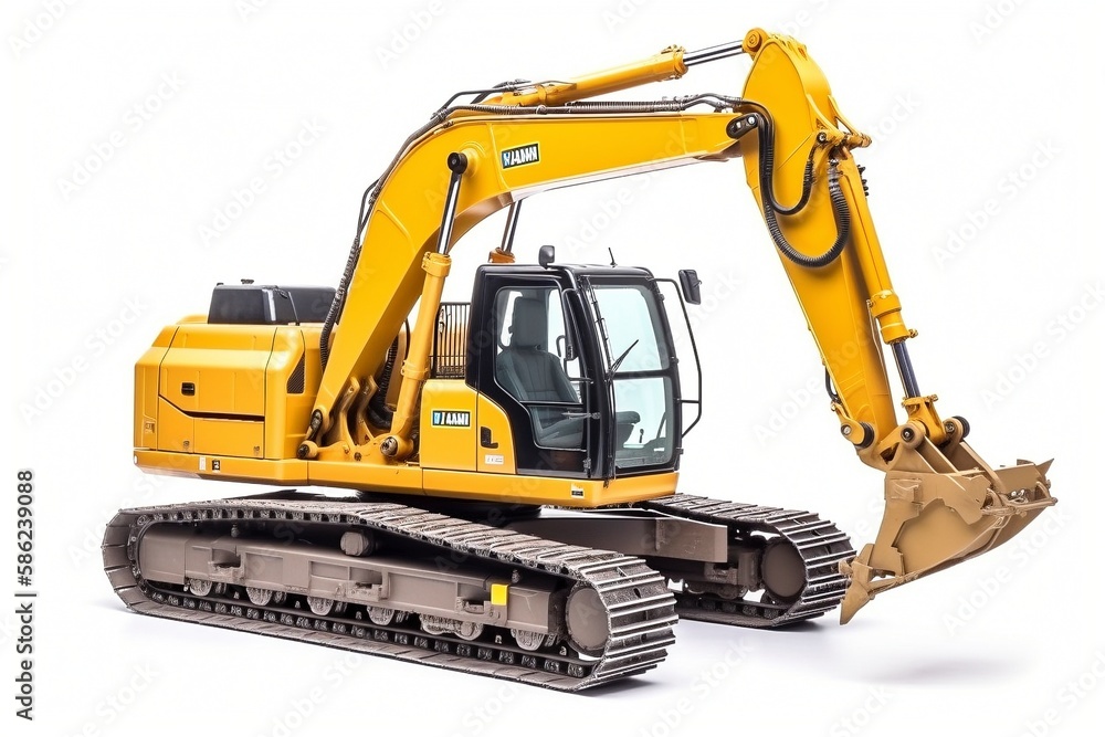 Obraz premium Yellow Hydraulic Crawler Excavator Isolated on White Background Industrial Aesthetic