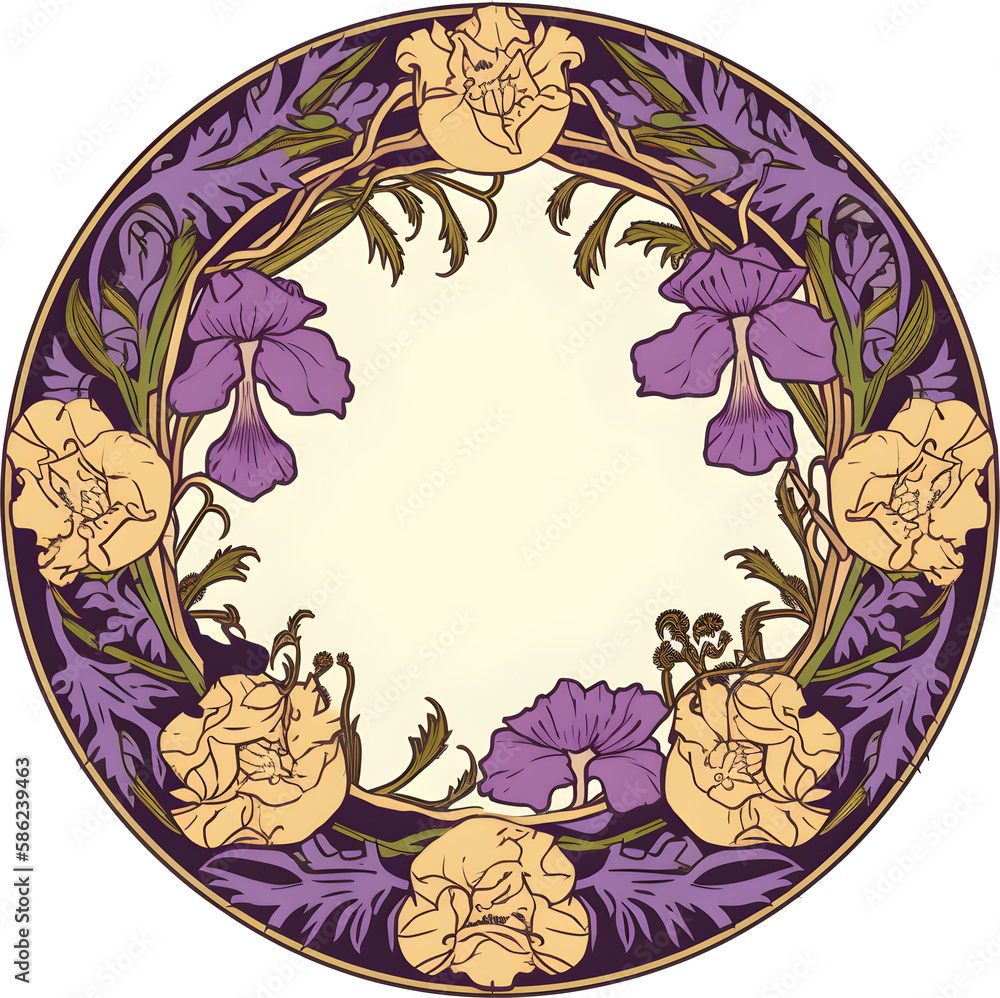 vintage items: label art nouveau - violet round. Generative AI