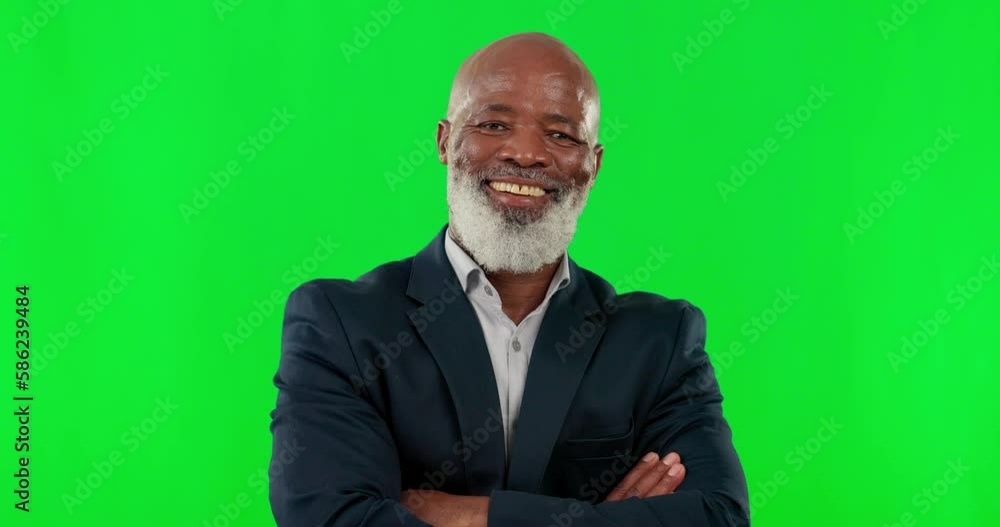 Face, business and black man with arms crossed, green screen and motivation against a studio background. Portrait, African American male leader and happy manager with leadership skills and management Face, business and black man with arms crossed, green screen and motivation against a studio background. Portrait, African American male leader and happy manager with leadership skills and management