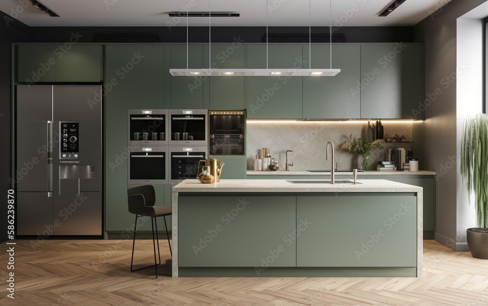 Modern, luxury sage green kitchen with cabinet with sink, induction cooktop, cupboard, refrigerator, plant on parket floor in sunlight from window for interior product background 3D, Generative AI, AI Modern, luxury sage green kitchen with cabinet with sink, induction cooktop, cupboard, refrigerator, plant on parket floor in sunlight from window for interior product background 3D, Generative AI, AI