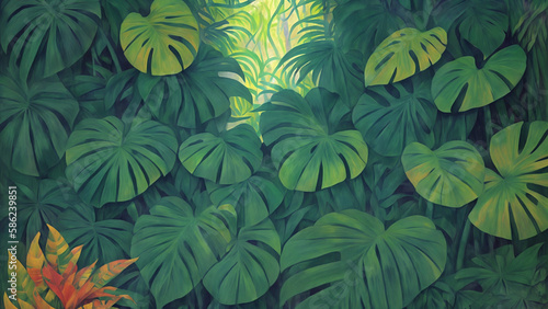 Painting background with fantasy jungle, tropical plants, flowers and leaves. Decorative painting, Generative AI