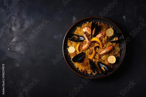 frying pan with seafood paella