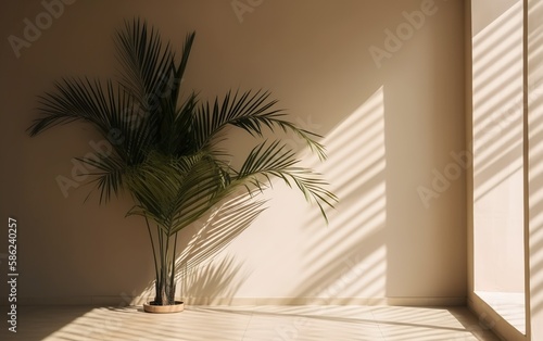 Beautiful tropical tree with green small lanceolate leaf shape in sunlight from window, shadow on stucco texture corner  beige wall for luxury organic cosmetic, skincare, beauty, Generative AI, AI © Stormstudio