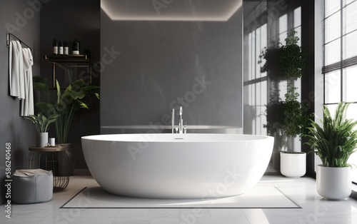 White oval bathtub  silver shower head  in modern loft gray wall bathroom with hidden light and plant on marble floor for interior background 3D  Generative AI  AI