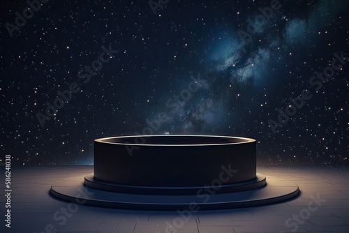 platform and Natural podium background on the night with starry night sky for product display, Blank showcase, mock up template or cosmetic presentation. Generative Ai.