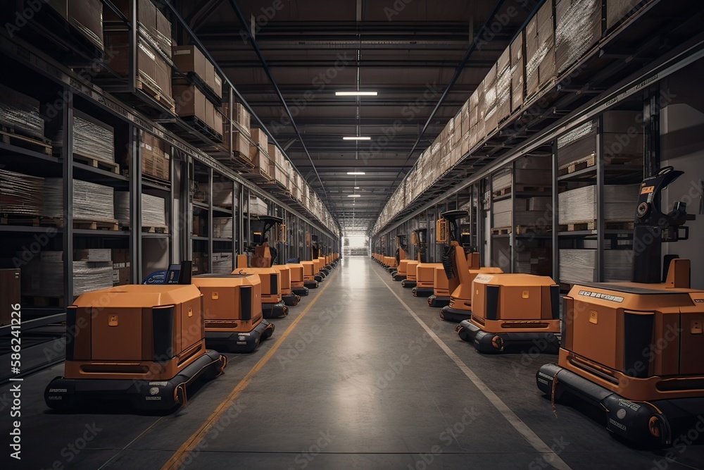 Autonomous Robot transportation in warehouses, Warehouse automation concept. Generative Ai. Autonomous Robot transportation in warehouses, Warehouse automation concept. Generative Ai.