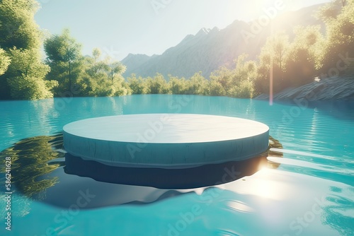 Abstract 3d scene with a cylinder podium backdrop in garden, mountain and water view. Abstract winter scene with a podium in lake view. minimal 3d landscape background. Generative Ai. © Kowit