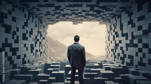 Rearview the businessman walking toward to concrete Maze. Businessman in front of a vast maze. Business and life concept. Generative Ai. © Kowit