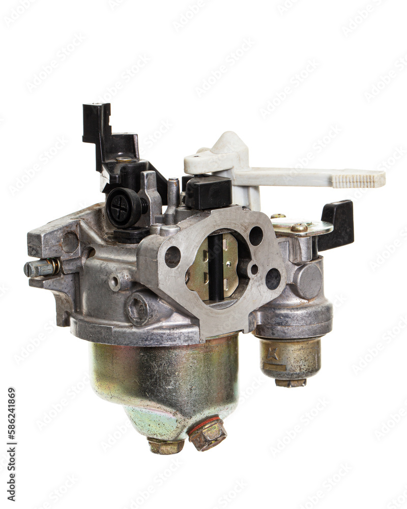 Carburetor, part of a gasoline internal combustion engine, spare part, isolated on a white background Carburetor, part of a gasoline internal combustion engine, spare part, isolated on a white background