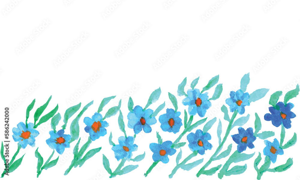A border of blue flowers with green leaves. Watercolor flowers background design