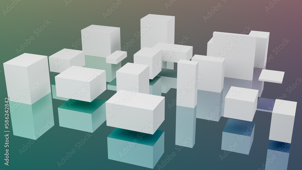 Abstract 3d-illustration as a rendering of a futuristic background with some white cubes with random sizes on top of a mirrow plain with rainbow color Abstract 3d-illustration as a rendering of a futuristic background with some white cubes with random sizes on top of a mirrow plain with rainbow color