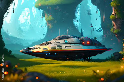 Illustration of a spaceship in a fairytale forest. Sci-Fi