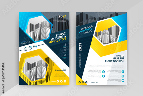 The Power of Advertising. Blue and yellow annual report brochure flyer design template, Leaflet cover presentation abstract background, layout in A4 size.