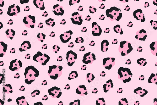 Seamless pattern with abstract leopard print. Black spots on pink backdrop. Vector animal texture for fabric and textile